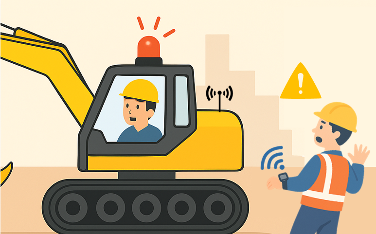 作業員が建設機械へ近づきずぎていることを距離センサが警告している様子